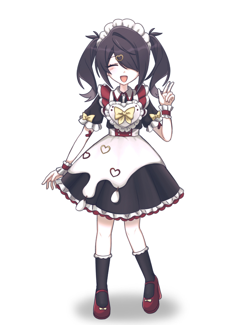 1girl :d ame-chan_(needy_girl_overdose) apron black_dress black_hair black_socks blush bow chinese_commentary collared_dress commentary_request dress facing_viewer frilled_dress frills full_body hair_ornament hair_over_one_eye hand_up heart heart_hair_ornament highres kneehighs long_hair maid maid_headdress mary_janes mikauta needy_girl_overdose official_alternate_costume open_mouth puffy_short_sleeves puffy_sleeves red_footwear shoes short_sleeves smile socks solo standing sweets_paradise twintails white_apron white_background wrist_cuffs yellow_bow