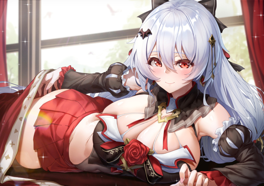 1girl bare_shoulders black_bow black_thighhighs blush bow breasts cleavage closed_mouth commentary crossed_bangs curtains detached_collar detached_sleeves flower grey_hair hair_between_eyes hair_bow hair_ornament highres honkai_(series) honkai_impact_3rd huge_breasts indoors long_hair long_sleeves looking_at_viewer luna_(honkai_impact) lying miniskirt navel on_side on_stomach pleated_skirt red_eyes red_flower red_rose red_skirt ribbon rose skirt smile solo sparkle theresa_apocalypse theresa_apocalypse_(lunar_vow:_crimson_love) thighhighs thighs very_long_hair white_hair window xfate