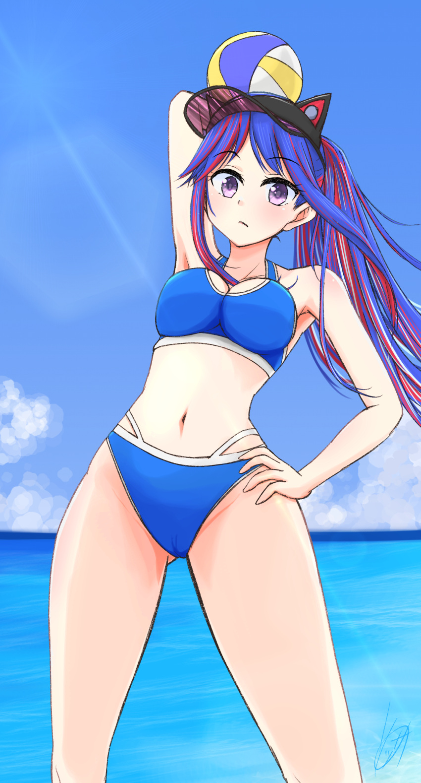 1girl absurdres animal_ears bikini blue_bikini blue_hair breasts cat_ears cleavage commentary_request hand_on_hip highres horizon kantai_collection large_breasts long_hair multicolored_hair navel ocean official_alternate_costume ponytail purple_eyes red_hair solo sosser south_dakota_(kancolle) sports_bikini swimsuit visor_cap volleyball white_hair
