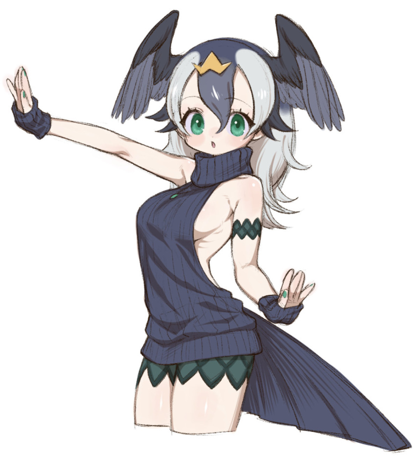 1girl alternate_costume bare_shoulders bike_shorts bird_girl bird_tail bird_wings black_hair black_sweater breasts cowboy_shot green_eyes green_nails green_shorts grey_hair hair_between_eyes head_wings highres japanese_cormorant_(kemono_friends) kemono_friends looking_at_viewer meme_attire nail_polish notora shorts sideboob sidelocks solo sweater tail turtleneck turtleneck_sweater virgin_killer_sweater wings wristband