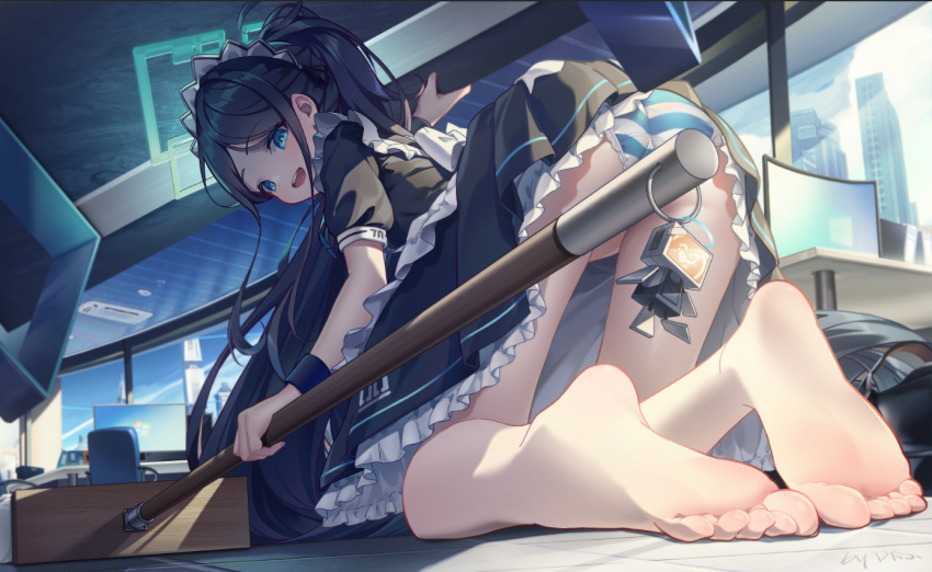 1girl aris_(blue_archive) aris_(maid)_(blue_archive) barefoot black_dress black_hair blue_archive blue_eyes daxieshen_huashi dress feet foot_focus foreshortening from_behind halo happy long_hair looking_at_viewer looking_back maid maid_headdress open_mouth panties puffy_sleeves smile soles solo striped striped_panties toes underwear very_long_hair