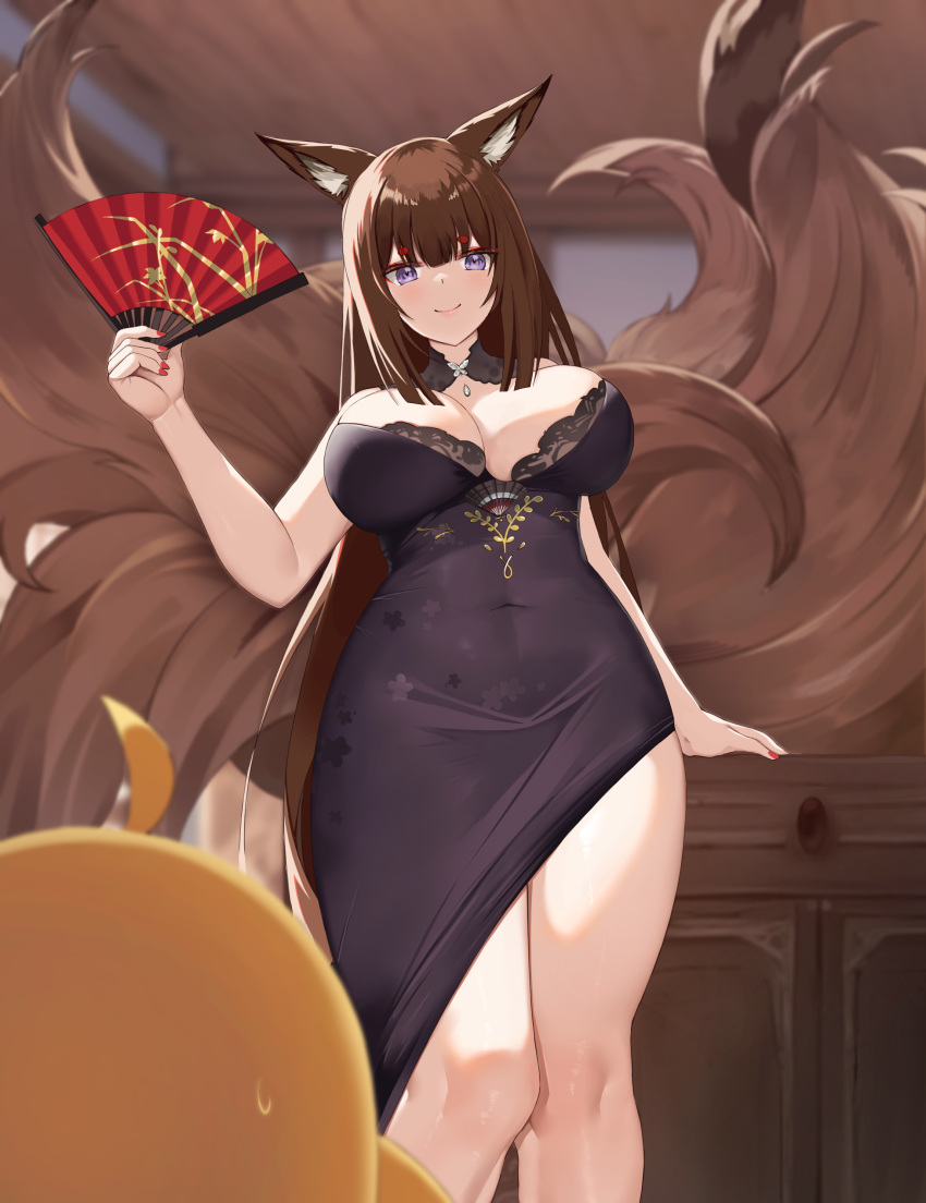 1girl absurdres amagi_(azur_lane) amagi_(red_kite_respite)_(azur_lane) animal_ears azur_lane breasts brown_hair cleavage dress evening_gown fox_ears fox_girl fox_tail from_below hand_fan highres holding holding_fan kitsune kyuubi large_breasts looking_at_viewer manjuu_(azur_lane) multiple_tails official_alternate_costume red_eyeliner side_slit single_bare_leg smile sylux tail
