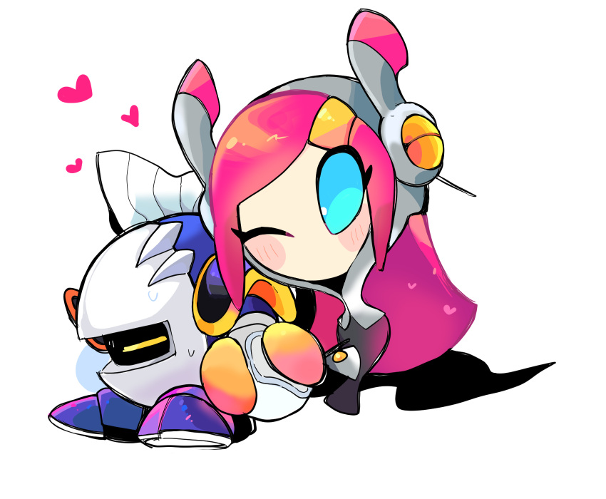 1boy 1girl armor blush_stickers cape closed_eyes commentary_request disembodied_limb gloves heart highres holding_hands kirby:_planet_robobot kirby_(series) ksni_tbn looking_at_viewer meta_knight miru_(milusour) one_eye_closed pauldrons pink_hair shoulder_armor simple_background skirt susie_(kirby) sweat white_background yellow_gloves