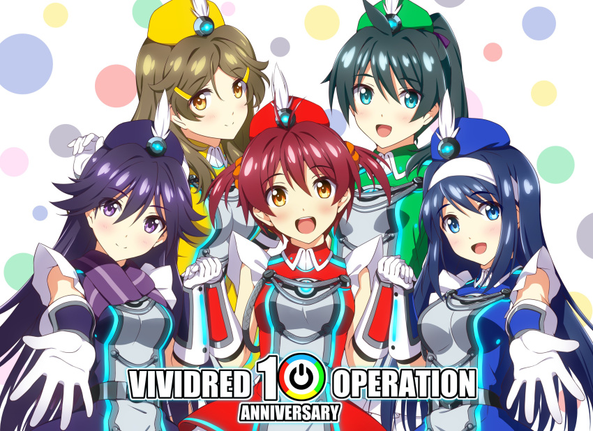 5girls absurdres anniversary aqua_eyes black_hair blue_eyes blue_hair blue_headwear brown_hair futaba_aoi_(vividred_operation) garrison_cap gloves green_headwear hat hat_feather highres holding holding_clothes isshiki_akane kuroki_rei long_hair multiple_girls nonbe orange_eyes palette_suit polka_dot polka_dot_background purple_eyes purple_headwear red_eyes red_headwear saegusa_wakaba shinomiya_himawari short_hair twintails upper_body vividred_operation white_background white_gloves yellow_headwear