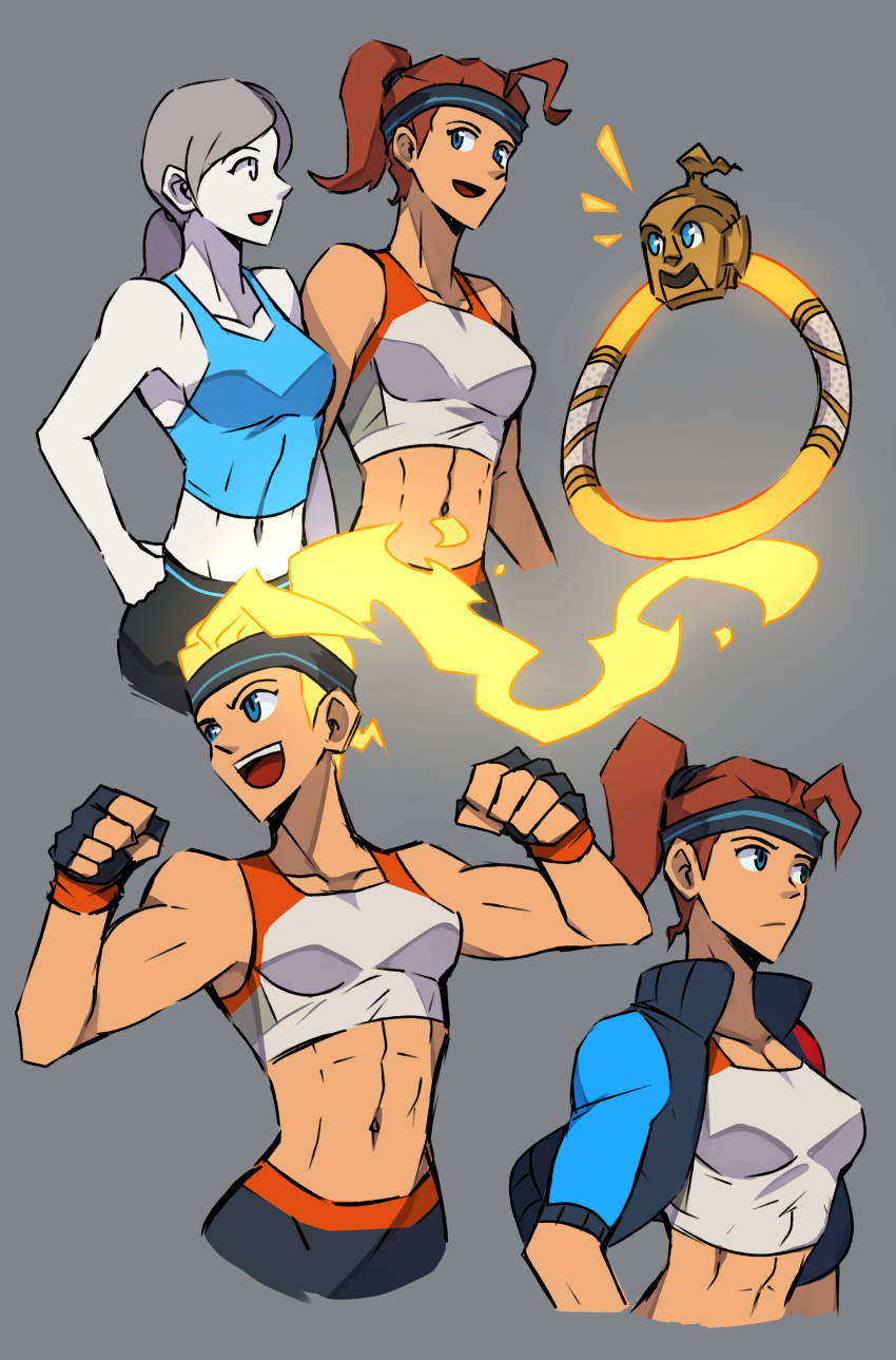 1other 2girls aark0 absurdres commentary_request fingerless_gloves gloves highres leggings multiple_girls muscular muscular_female ring_(ring_fit_adventure) ring_fit_adventure ring_fit_trainee ring_fit_trainee_(female) shirt sleeveless sleeveless_shirt twitter_id wii_fit wii_fit_trainer wii_fit_trainer_(female)