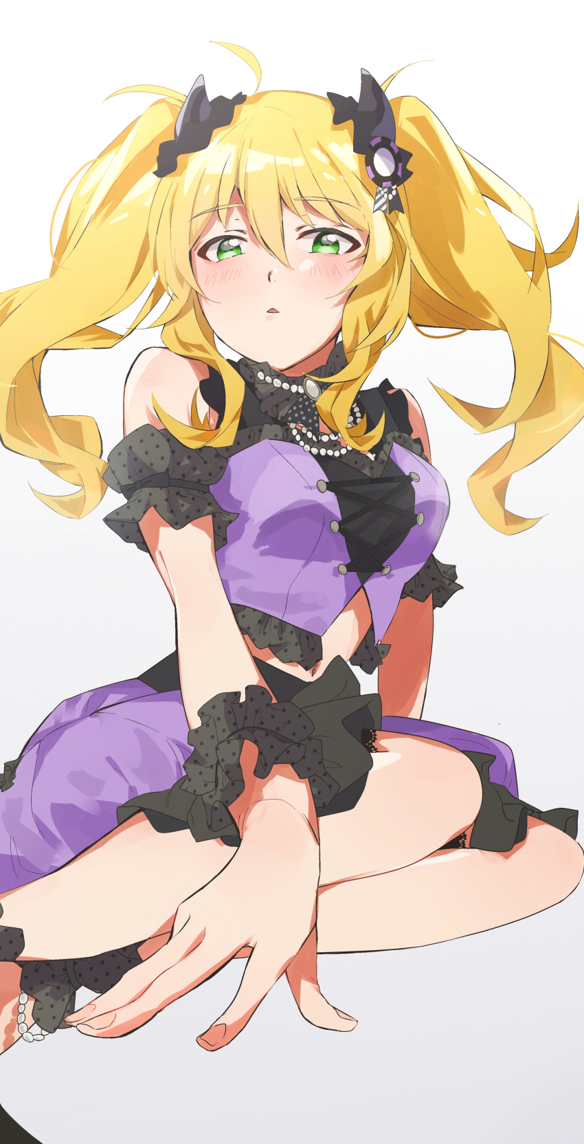 1girl absurdres ahoge alternate_hairstyle ankle_scrunchie arm_scrunchie bare_shoulders black_ribbon black_scrunchie blonde_hair blush bow breasts frilled_shirt frills from_below gradient_background green_eyes grey_background hair_bow hair_ribbon highres hoshii_miki idolmaster idolmaster_(classic) idolmaster_million_live! idolmaster_million_live!_theater_days katsu_(kana) long_hair looking_at_viewer medium_breasts midriff navel parted_lips poker_chip purple_shirt purple_skirt ribbon scrunchie shirt simple_background sitting skirt sleeveless sleeveless_shirt solo twintails wrist_scrunchie yokozuwari