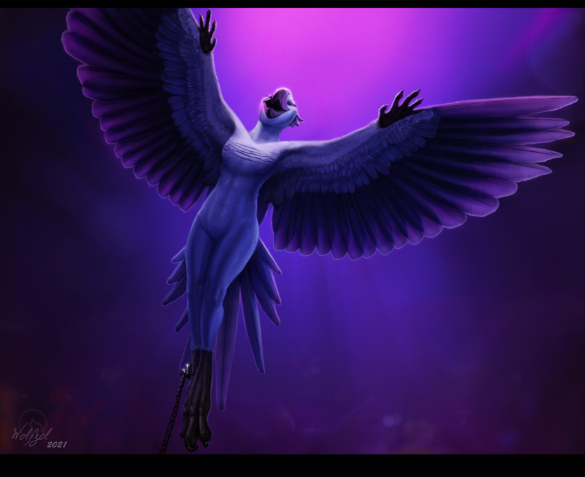 anthro avian avian_feet beak bird blue_macaw blue_sky_studios chain chained feathers female flying hi_res jewel_(rio) open_beak open_mouth rio_(series) singing solo spread_wings tail_feathers wings wolfzol
