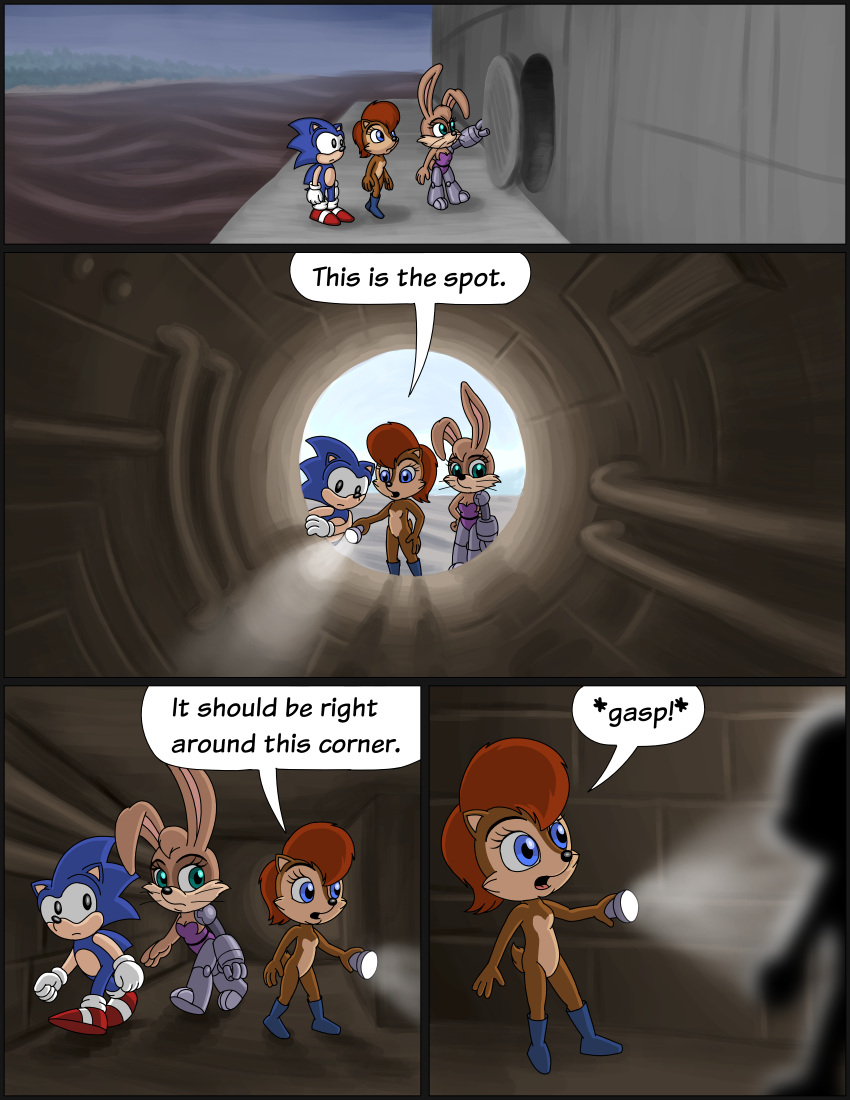 absurd_res anthro archie_comics bunnie_rabbot comic eulipotyphlan female flashlight ground_squirrel group hedgehog hi_res male mammal omatic pollution robotic_limbs rodent sally_acorn sciurid sega shadowy_figure sonic_the_hedgehog sonic_the_hedgehog_(archie) sonic_the_hedgehog_(comics) sonic_the_hedgehog_(series) trio tunnel unknown_character whoreomatic