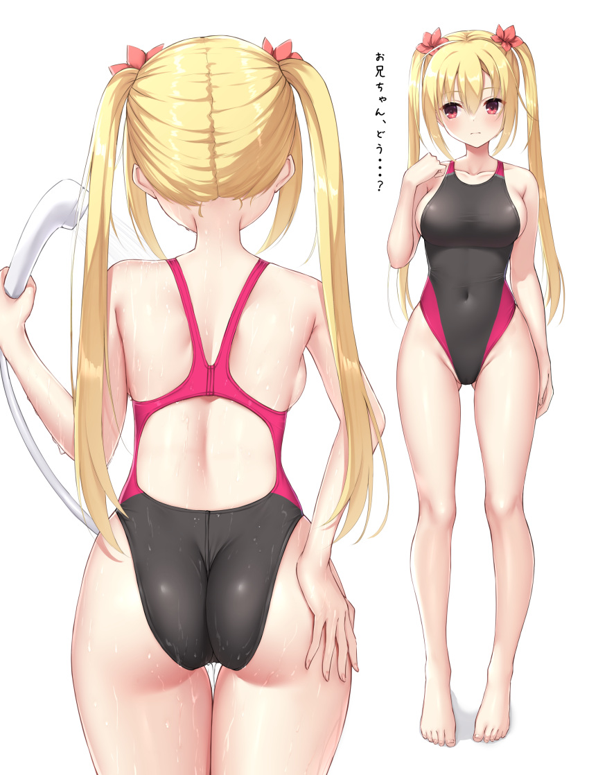 1girl absurdres arihara_nanami arm_at_side ass ass_visible_through_thighs back bare_arms bare_legs bare_shoulders barefoot blonde_hair blush breasts cameltoe closed_mouth collarbone commentary_request competition_swimsuit covered_navel cowboy_shot curvy eyelashes eyes_visible_through_hair fingernails flower from_behind frown full_body groin hair_between_eyes hair_flower hair_ornament hand_on_own_ass hand_up highleg highleg_swimsuit highres holding holding_shower_head large_breasts long_hair looking_to_the_side multiple_views ncontrail_(mgax7527) official_alternate_hairstyle one-piece_swimsuit partially_visible_vulva red_flower riddle_joker shiny_skin shower_head showering shy skin_tight standing straight-on straight_hair swimsuit thighs toenails toes translated twintails very_long_hair wet wet_clothes wet_swimsuit