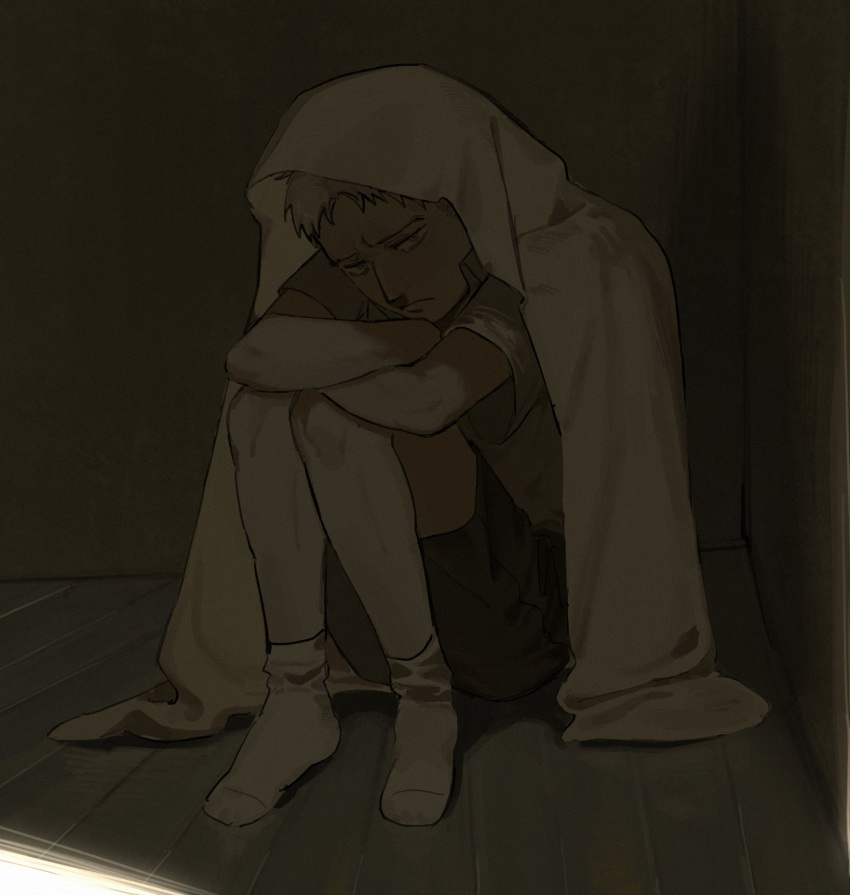 1boy aged_down blonde_hair child dark_room dquwtzattt33213 full_body highres knees_up light male_focus reiner_braun sad shingeki_no_kyojin short_hair solo sunlight tearing_up under_covers