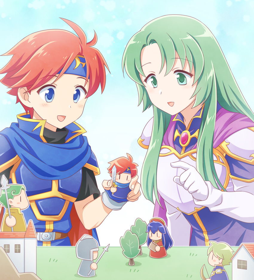 1boy 1girl blue_armor blue_eyes blue_headband bors_(fire_emblem) cecilia_(fire_emblem) doll figure fire_emblem fire_emblem:_the_binding_blade green_eyes green_hair ham_pon headband highres holding lilina_(fire_emblem) long_hair orange_hair pointing roy_(fire_emblem) tree wolt_(fire_emblem)