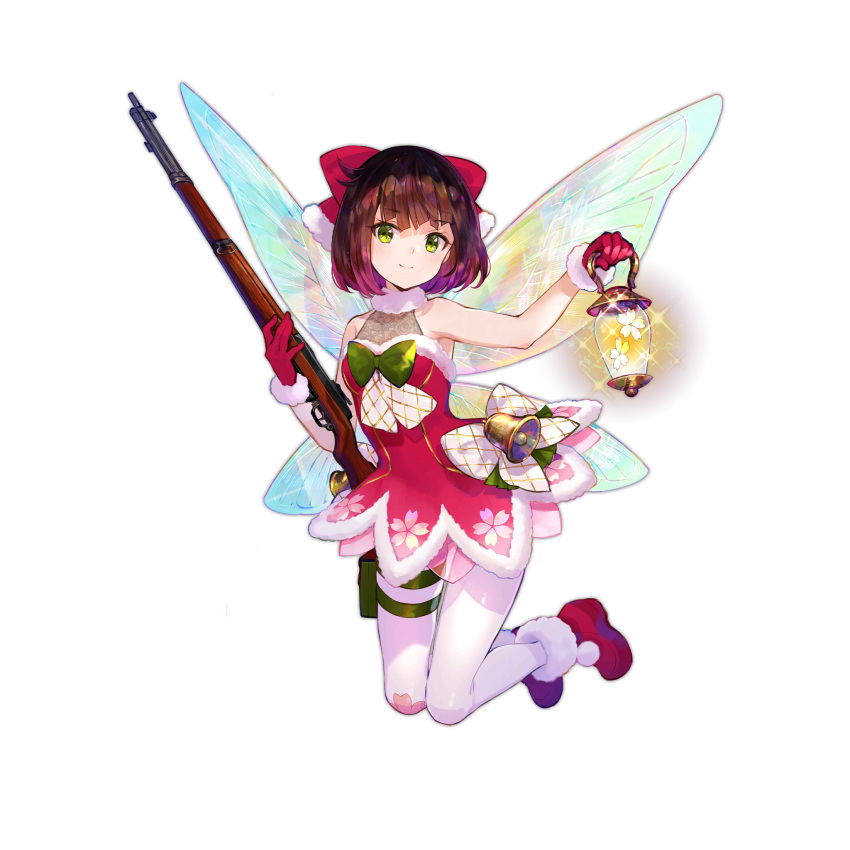 1girl bell black_hair bob_cut boots bow bowtie butterfly_wings cherry_blossom_print christmas closed_mouth dress fairy_wings floating floral_print full_body fur-trimmed_boots fur-trimmed_dress fur-trimmed_gloves fur_collar fur_trim fuzichoco girls'_frontline gloves gradient_hair green_bag green_bow green_bowtie green_eyes gun hair_ribbon highres holding holding_gun holding_lantern holding_weapon lantern looking_at_viewer multicolored_hair official_alternate_costume official_art pantyhose print_legwear purple_hair red_dress red_footwear red_gloves red_ribbon ribbon simple_background sleeveless sleeveless_dress smile solo thigh_pouch transparent_background type_4_(girls'_frontline) type_4_(twilight_fairy)_(girls'_frontline) type_4_rifle weapon white_pantyhose wings