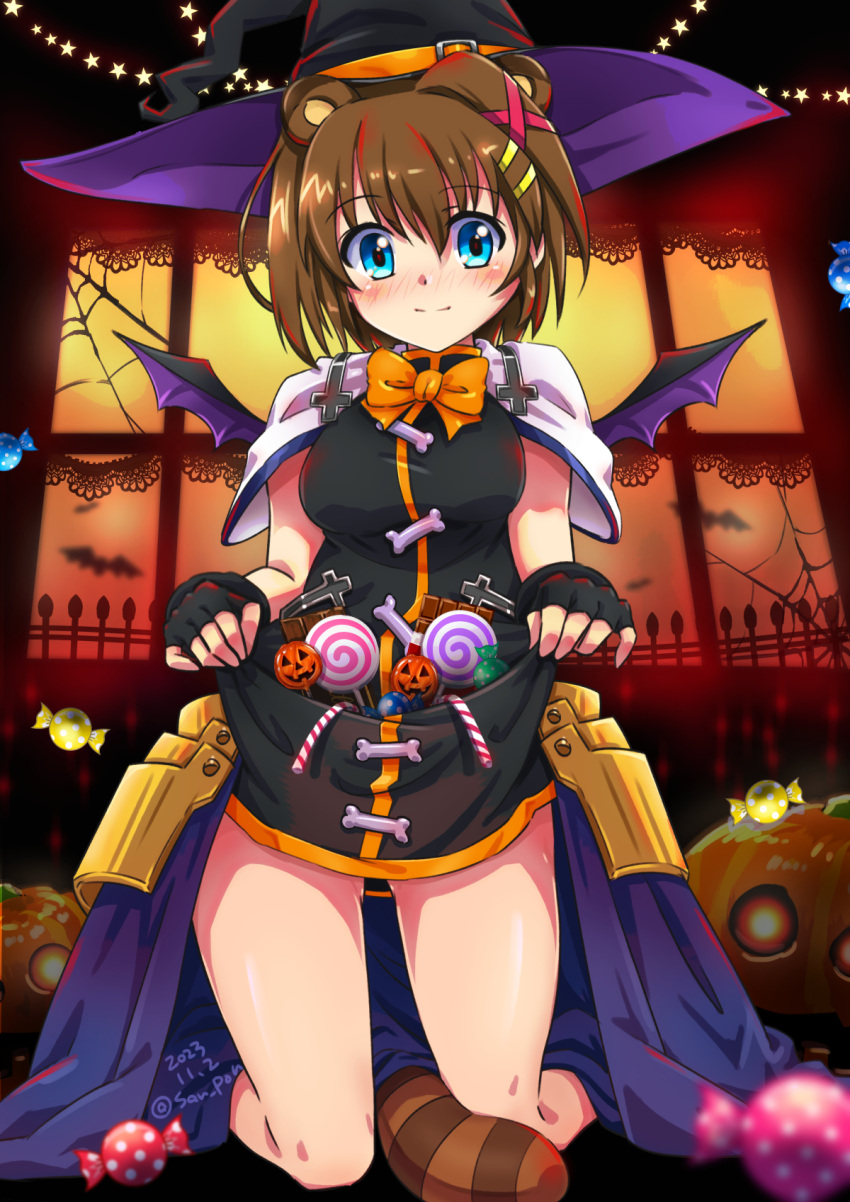 1girl animal_ears armored_skirt artist_name bat_(animal) bat_wings black_dress black_gloves black_headwear blue_eyes blush bob_cut bow bowtie breasts brown_hair candy capelet closed_mouth commentary dated dress fingerless_gloves food full_body gloves hair_ornament hairclip halloween hat highres indoors jack-o'-lantern kneeling large_breasts looking_at_viewer lyrical_nanoha mahou_shoujo_lyrical_nanoha_strikers orange_bow orange_bowtie overskirt purple_headwear raccoon_ears raccoon_tail san-pon short_dress short_hair skirt_basket sleeveless sleeveless_dress smile solo star_(symbol) tail textless_version twilight two-sided_fabric two-sided_headwear white_capelet wings witch_hat x_hair_ornament yagami_hayate