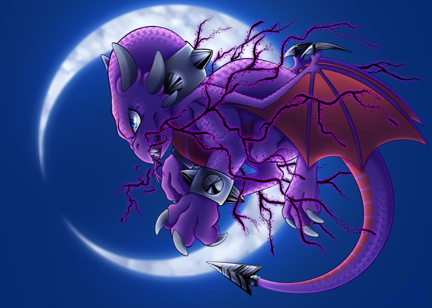 12blueflames 2022 absurd_res activision black_dragon black_electricity blue_eyes bracelet breath_powers claws colored crescent_moon cynder digital_media_(artwork) dragon electricity electricity_breathing electricity_manipulation elemental_manipulation female feral hi_res horn horned_wings jewelry moon night open_mouth purple_body purple_wings shaded sharp_teeth skylanders solo spiked_bracelet spiked_tail_tip spikes spyro_the_dragon teeth wings