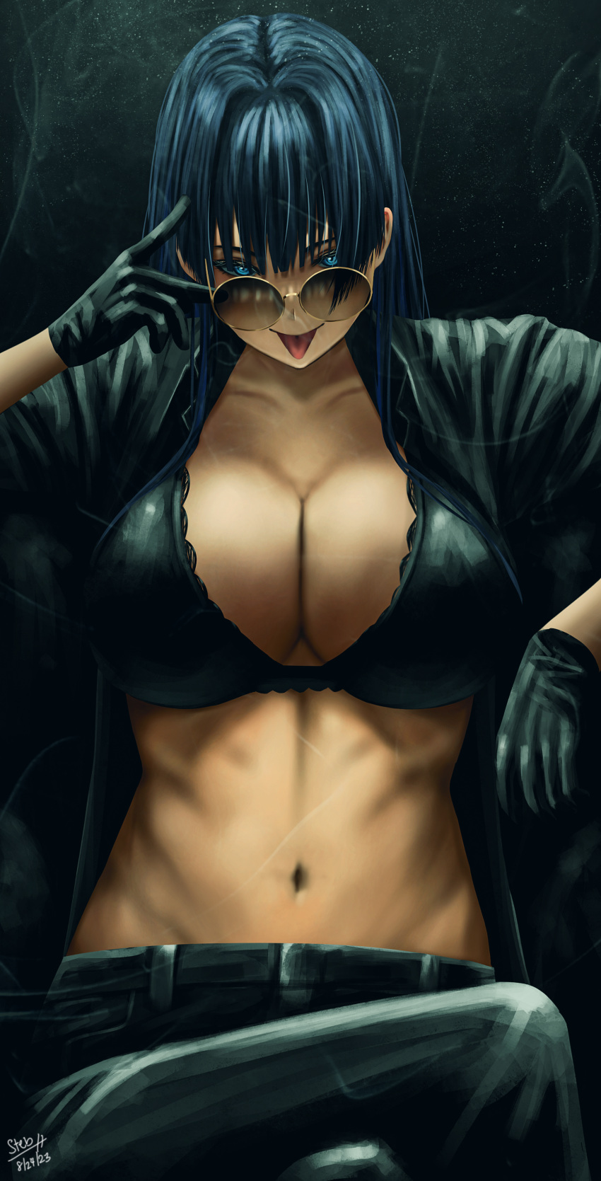 1girl absurdres black_bra black_gloves black_pants black_shirt blue_eyes blue_hair bra breasts cleavage collarbone glasses gloves highres hololive hololive_english large_breasts long_hair looking_at_viewer multicolored_hair navel open_clothes open_mouth open_shirt ouro_kronii pants shirt sitting solo steb streaked_hair tongue tongue_out underwear virtual_youtuber