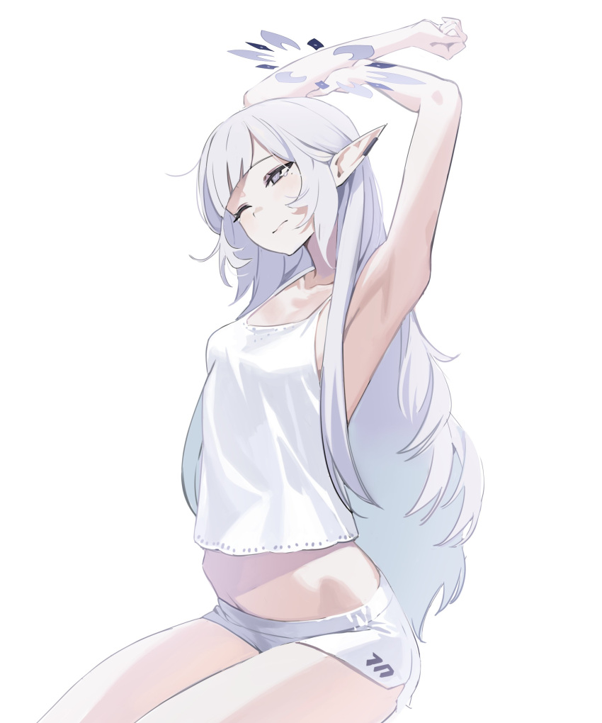 1girl absurdres armpits blue_archive breasts camisole closed_mouth collarbone controlline3 english_commentary grey_eyes halo hands_up highres himari_(blue_archive) hip_bones long_hair mole mole_under_eye one_eye_closed pointy_ears short_shorts shorts simple_background sketch sleeveless small_breasts solo stretching tears very_long_hair white_background white_camisole white_hair