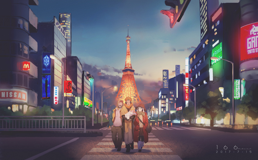 1boy 1girl 1other beard belt black_belt brown_headwear brown_pants coat crosswalk facial_hair gin_(tokyo_godfathers) hana_(tokyo_godfathers) hands_in_pockets hat highres holding_baby kiyoko_(tokyo_godfathers) lamppost mcdonald's missing_tooth miyuki_(tokyo_godfathers) multiple_boys orange_headwear orange_scarf pants red_coat scarf scenery shirt space_invaders taito tokyo_(city) tokyo_godfathers tokyo_tower traffic_light walking white_shirt wudi_sao_nian