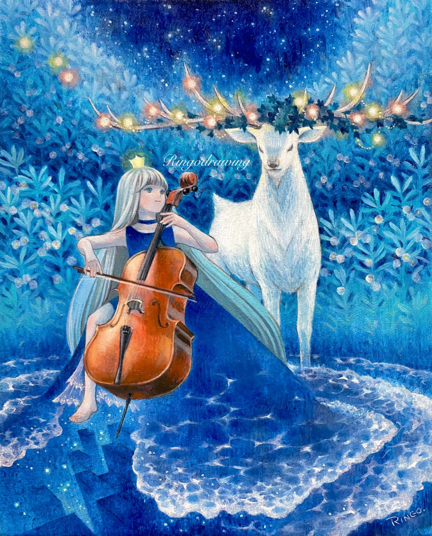 1girl antlers barefoot blue_choker blue_dress blue_eyes bow_(music) cello choker commentary_request crown deer dress grey_hair highres instrument long_hair music oil_painting_(medium) original painting_(medium) playing_instrument ringodrawing sitting smile solo surreal traditional_media very_long_hair water_dress