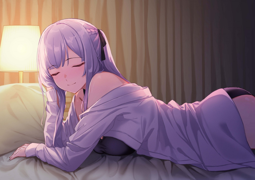 1girl 3_small_spiders ak-12_(girls'_frontline) arm_support ass bare_shoulders black_bra black_panties bra breasts closed_eyes girls'_frontline grey_hair indoors lamp long_hair lying medium_breasts no_pants off_shoulder on_bed on_stomach open_clothes open_shirt panties pillow shirt smile solo underwear white_shirt