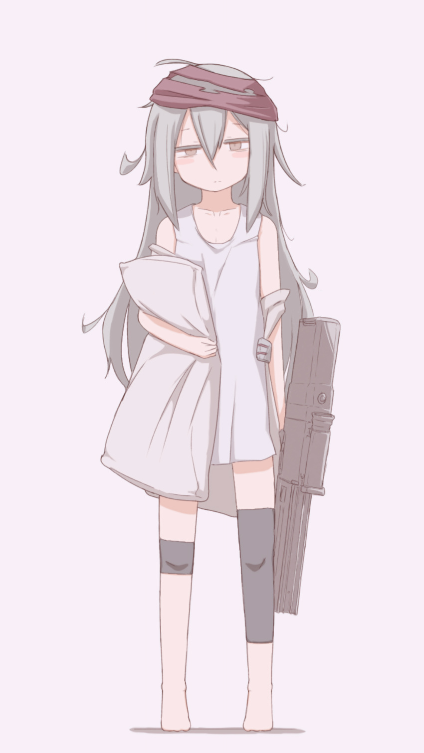 1girl absurdres assault_rifle bare_shoulders barefoot blush_stickers brown_eyes commentary_request expressionless flat_chest full_body g11_(girls'_frontline) girls'_frontline grey_hair gun h&amp;k_g11 hair_between_eyes highres holding holding_gun holding_pillow holding_weapon long_hair looking_at_viewer messy_hair no_pants pillow player193 red_headwear rifle shirt simple_background sleeveless sleeveless_shirt solo straight-on weapon white_shirt