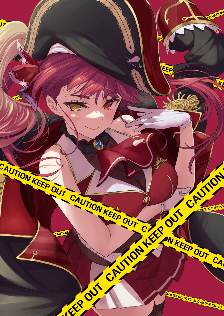 1girl absurdres anno_masato arm_under_breasts ascot breasts caution_tape epaulettes gloves hat heterochromia highres hololive houshou_marine houshou_marine_(1st_costume) large_breasts looking_at_viewer off_shoulder pirate_hat pleated_skirt plume red_ascot red_background red_eyes red_hair skirt solo thighhighs twintails virtual_youtuber white_gloves yellow_eyes zettai_ryouiki