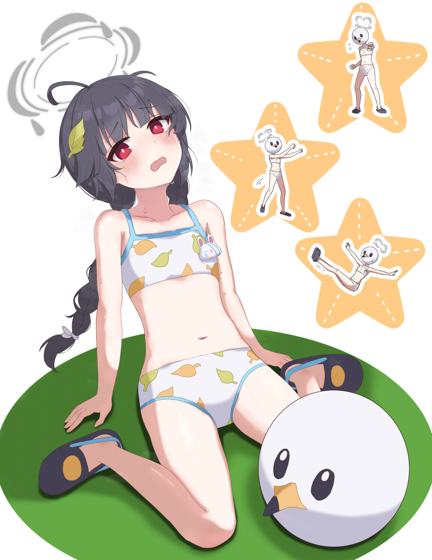 1girl absurdres ahoge arm_support bare_shoulders bikini bird_mask black_hair blue_archive blush bow braid collarbone commentary_request cosplay full_body hair_bow halo highres kotomo30 leaf leaf_on_head leaf_print long_hair looking_at_viewer mask miyu_(blue_archive) miyu_(swimsuit)_(blue_archive) multiple_views navel official_alternate_costume open_mouth oshi_no_ko outline pieyon pieyon_(cosplay) red_eyes simple_background sitting stomach sweat swimsuit twin_braids wariza white_background white_bikini white_bow white_outline