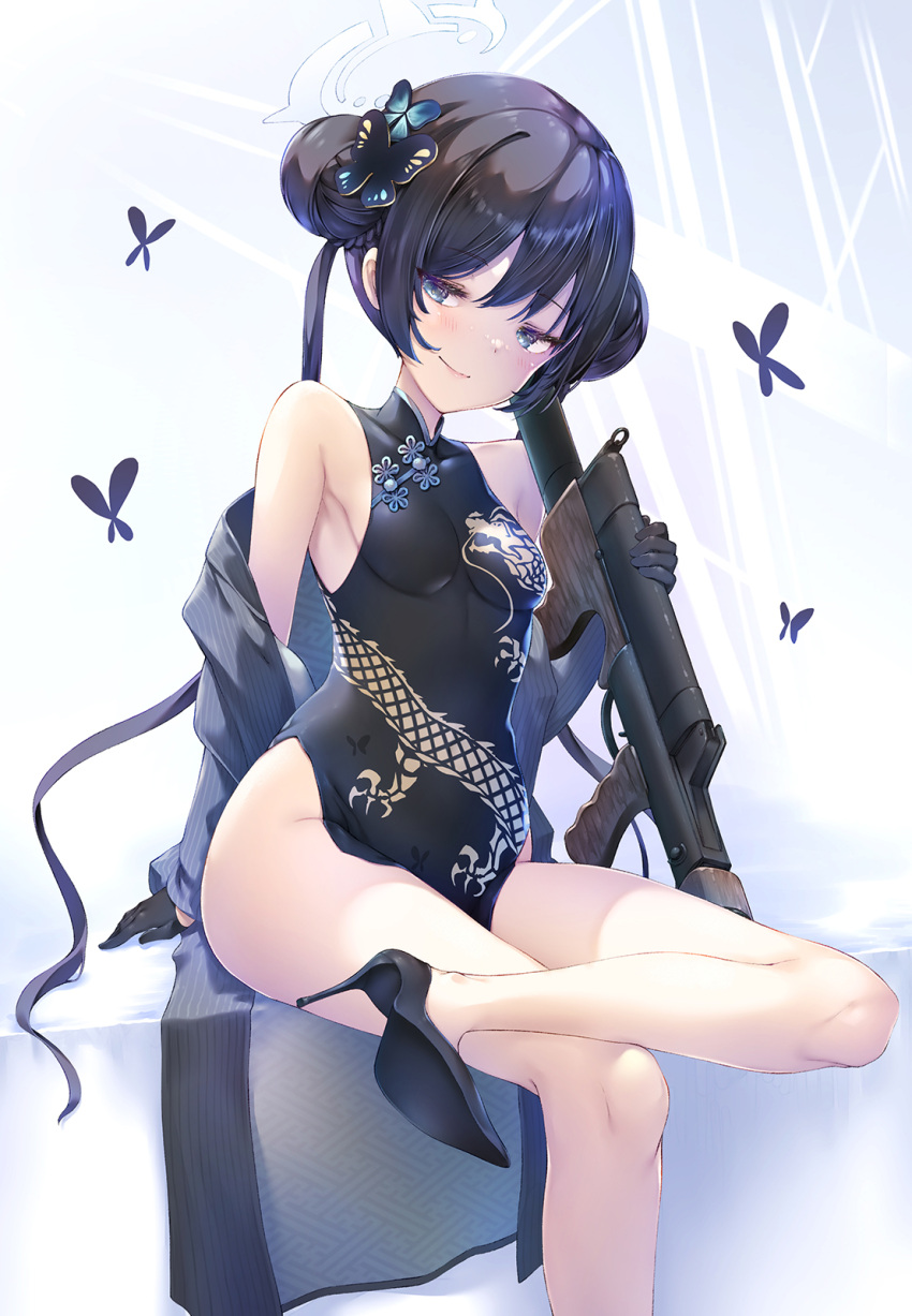 1girl arm_rest armpit_crease assault_rifle bare_legs bare_shoulders black_butterfly black_dress black_footwear black_gloves black_hair blue_archive blue_butterfly blue_eyes blush breasts bug butterfly butterfly_hair_ornament china_dress chinese_clothes closed_mouth crossed_legs double_bun dragon_print dress floral_print foot_out_of_frame gloves grey_jacket gun hair_between_eyes hair_bun hair_ornament half-closed_eyes half_gloves halo high_heels highres holding holding_gun holding_weapon jacket kisaki_(blue_archive) legs long_hair long_sleeves looking_at_viewer nakazawa_aki no_panties off_shoulder open_clothes open_jacket pelvic_curtain pinstripe_jacket pinstripe_pattern rifle shoes short_dress side_slit sidelocks sideways_glance sitting sleeveless sleeveless_dress small_breasts smile solo stiletto_heels striped thighs twintails weapon