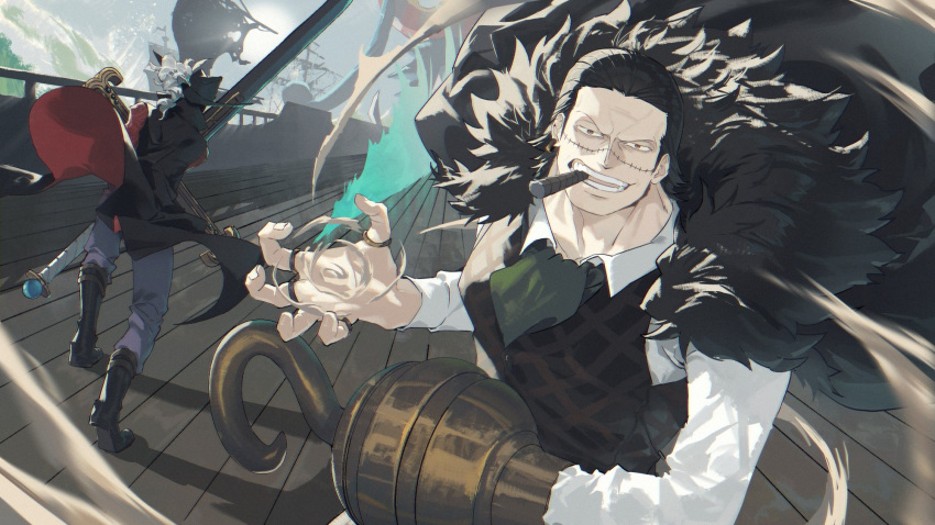 2boys ascot battle black_hair cigar coat collared_shirt cotton_(lana_de_lingo) crocodile_(one_piece) dracule_mihawk floating_clothes frown geokinesis hair_slicked_back highres hook_hand huge_weapon jewelry looking_at_viewer male_focus mature_male multiple_boys multiple_rings one_piece pirate_ship ring sand scar scar_on_face scar_on_nose serious ship shirt short_hair slashing smoking stitches turning_around watercraft weapon