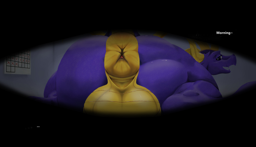 absurd_res activision anus balls big_anus butt calendar claws dragon feral genitals gold_scales hi_res horn huge_anus looking_at_viewer looking_back male presenting presenting_hindquarters puffy_anus purple_body purple_eyes purple_scales raised_tail scales simple_background solo spyro_the_dragon tail text waking_up wings zeromittens