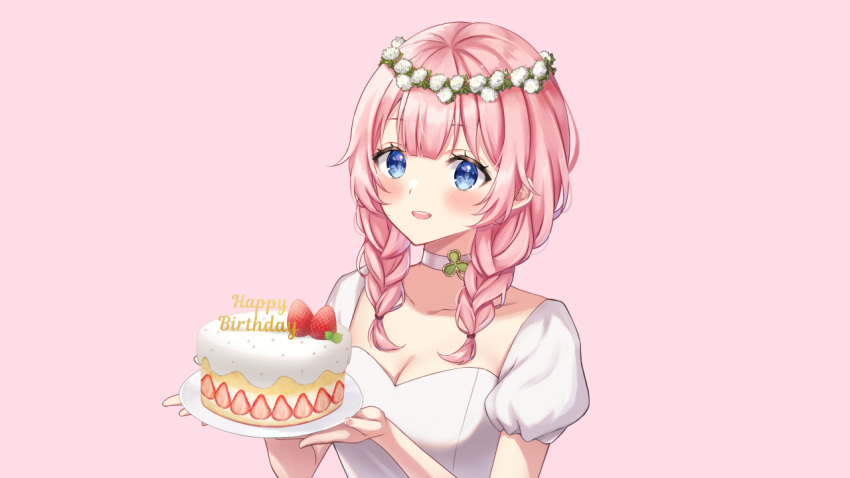 1girl blue_eyes blush braid breasts cake choker cleavage collarbone commission flower_wreath food fruit happy_birthday head_wreath holding holding_food holding_plate long_hair open_mouth original pink_background pink_hair plate puffy_short_sleeves puffy_sleeves sakunagita short_sleeves smile solo strawberry strawberry_shortcake twin_braids upper_body