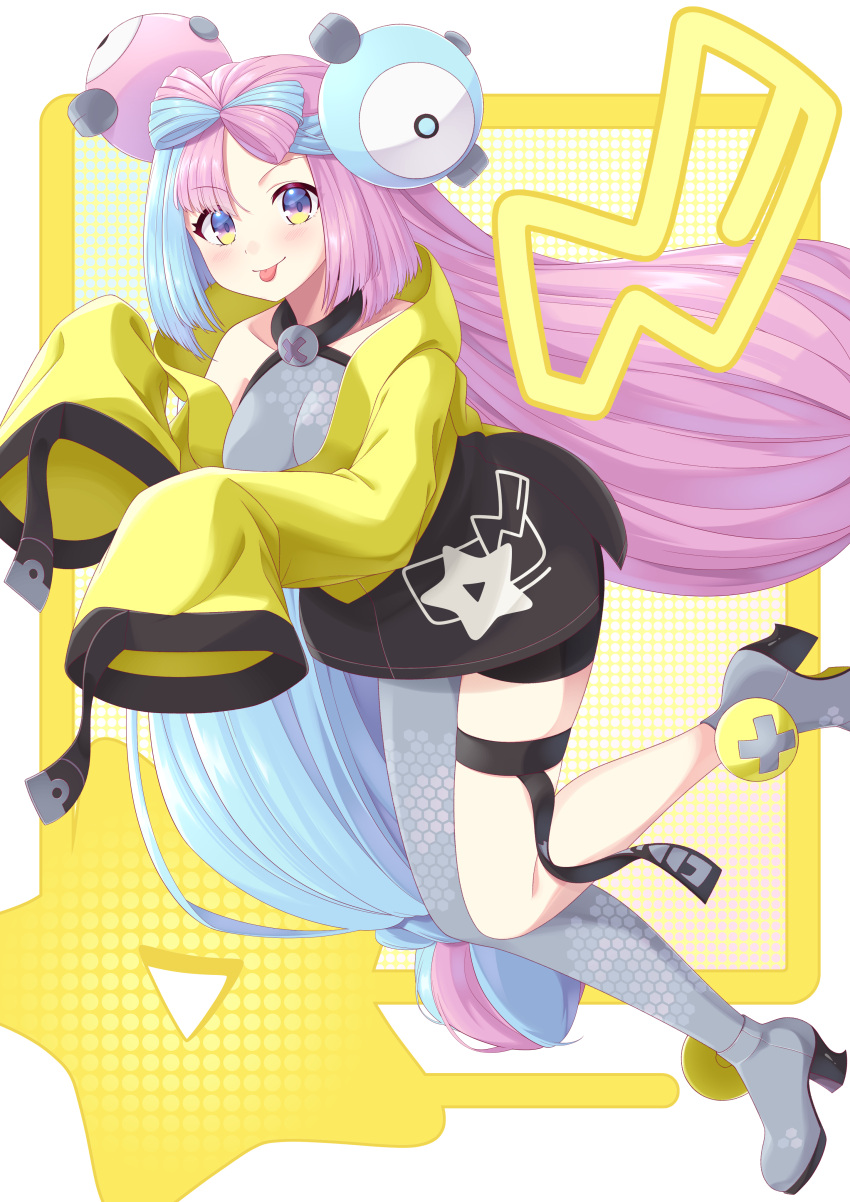 1girl absurdres aqua_hair bike_shorts blush boots bow-shaped_hair breasts character_hair_ornament closed_mouth commentary_request grey_footwear grey_vest hair_ornament high_heel_boots high_heels highres iono_(pokemon) jacket long_hair long_sleeves looking_at_viewer multicolored_hair pink_hair pokemon pokemon_(game) pokemon_sv sleeves_past_fingers sleeves_past_wrists smile solo ssaaggwwaa star_(symbol) star_print thigh_strap tongue tongue_out twintails two-tone_hair vest yellow_jacket