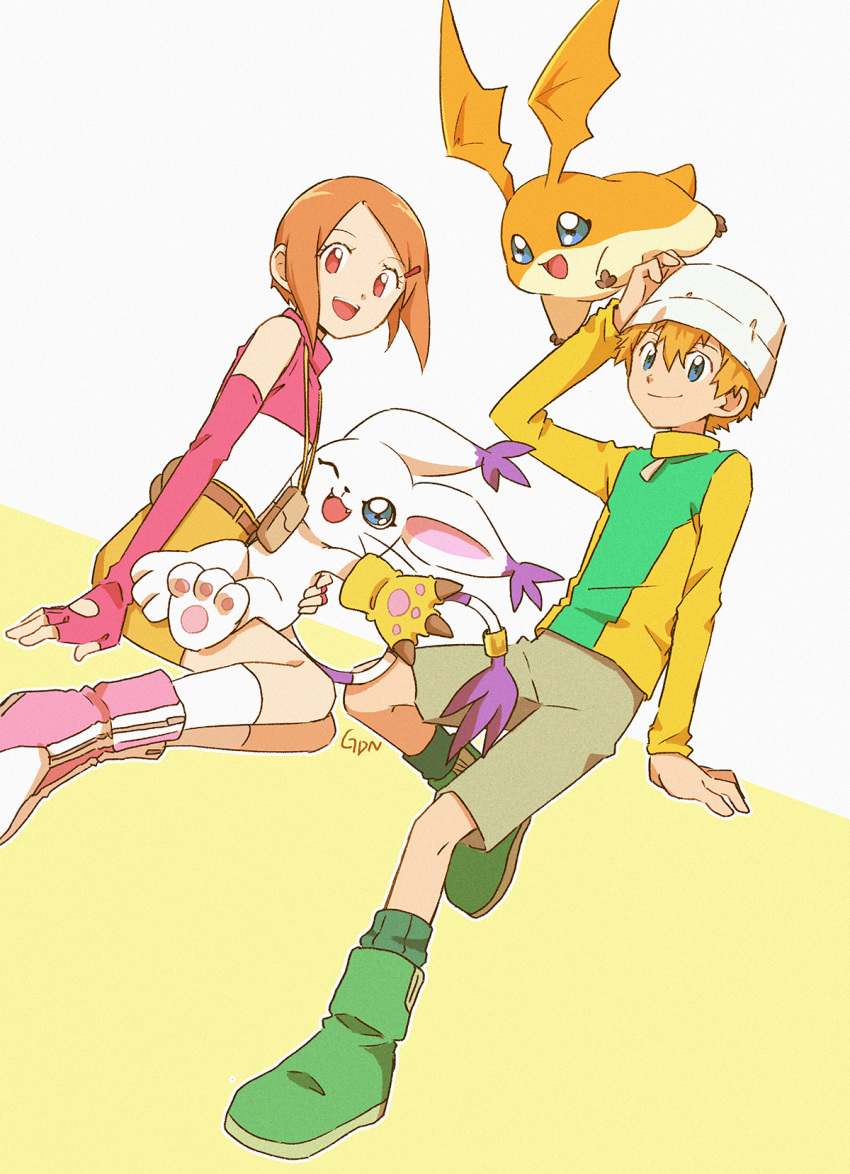 blonde_hair blue_eyes brown_hair digimon digimon_(creature) digimon_adventure_02 fangs fingerless_gloves gdn0522 gloves green_footwear hair_between_eyes highres one_eye_closed open_mouth patamon pink_footwear red_eyes short_hair shorts smile tailmon takaishi_takeru yagami_hikari