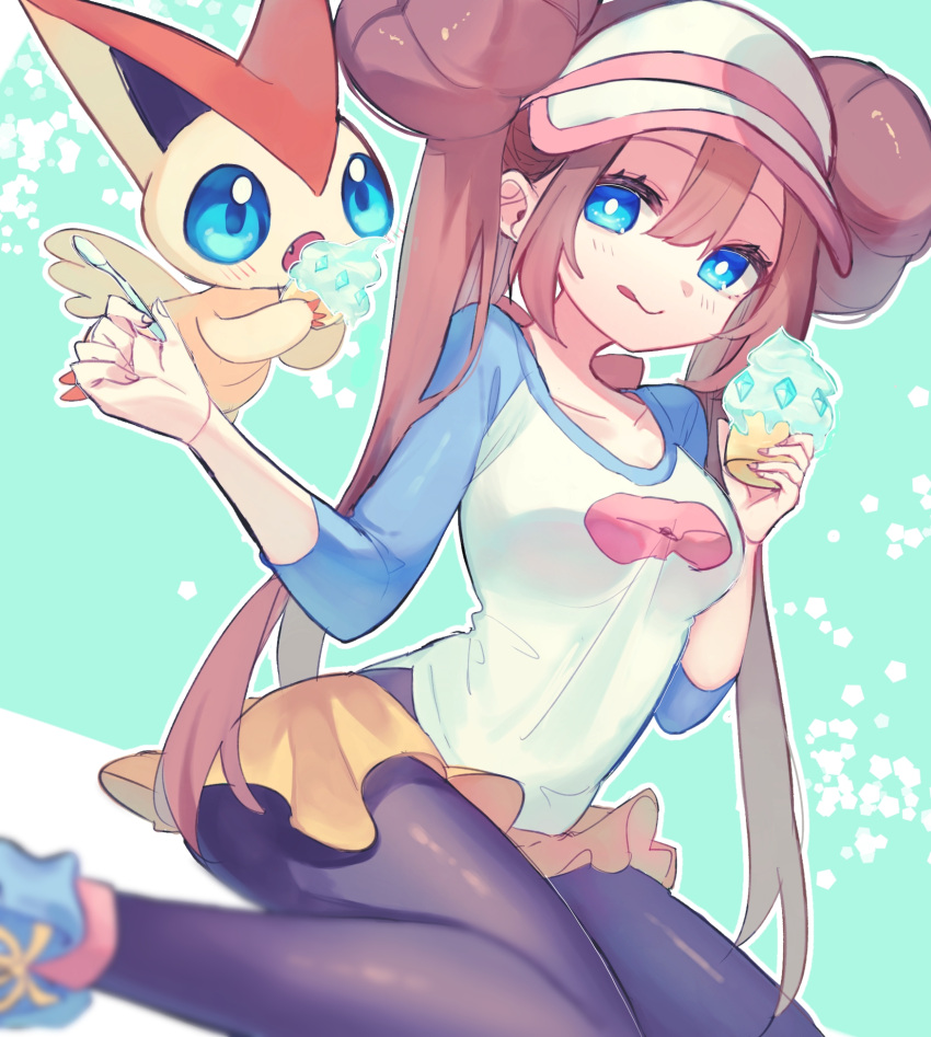 1girl blue_eyes blurry bow bright_pupils brown_hair closed_mouth collarbone commentary_request double_bun doughnut_hair_bun eyelashes food green_background hair_bun highres holding holding_spoon hottomiruku ice_cream licking_lips outline pantyhose_under_shorts pink_bow pokemon pokemon_(creature) pokemon_(game) pokemon_bw2 raglan_sleeves rosa_(pokemon) shirt shoes shorts sitting smile sneakers spoon tongue tongue_out twintails victini visor_cap white_pupils yellow_shorts