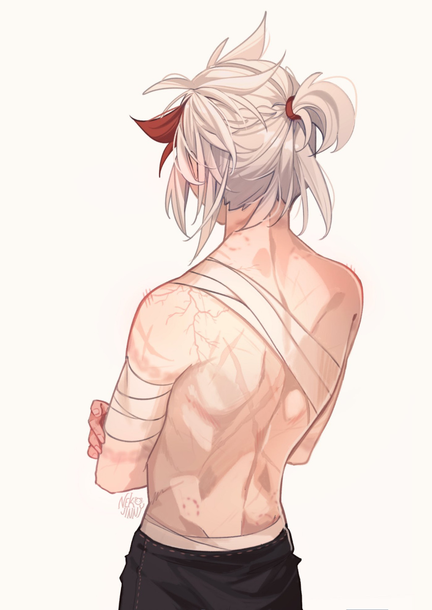 1boy back bandaged_arm bandages crossed_arms english_commentary from_behind genshin_impact highres kaedehara_kazuha male_focus multicolored_hair nekojinnyart red_hair scar scar_on_arm scar_on_back signature simple_background solo streaked_hair topless_male upper_body white_hair