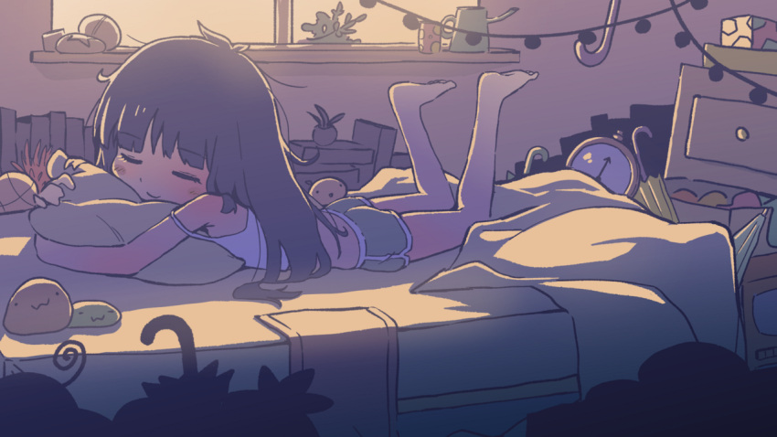 1girl :3 artist_self-reference ass bare_shoulders barefoot bedroom blunt_bangs blush_stickers book bookshelf brown_hair camisole chest_of_drawers clock closed_eyes closed_mouth cup dolphin_shorts dot_nose feet_up full_body green_shorts indoors long_hair messy_hair object_hug on_bed orenji_(wholesomeorenji) original pillow plant potted_plant shorts smile solo straight_hair towel umbrella very_long_hair watering_can white_camisole