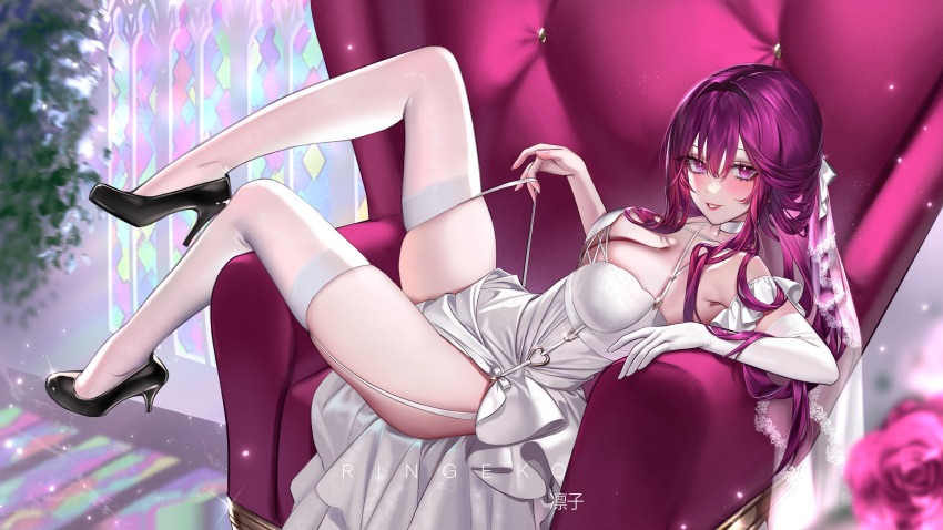 1girl absurdres armchair artist_name blurry blurry_foreground blush breasts chair choker cleavage dress elbow_gloves flower full_body garter_straps gloves high_heels highres honkai:_star_rail honkai_(series) indoors kafka_(honkai:_star_rail) large_breasts long_hair looking_at_viewer parted_lips purple_eyes purple_flower purple_hair purple_rose ringeko-chan rose single_elbow_glove sitting_sideways smile solo strap_lift thighhighs white_choker white_dress white_thighhighs