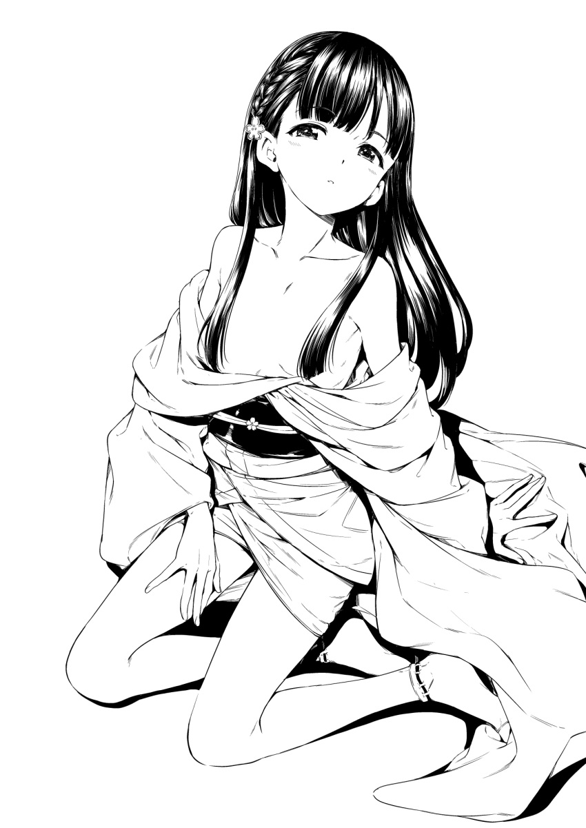 1girl braid breasts collarbone comiket_93 covered_nipples flower greyscale hair_flower hair_ornament hamao highres idolmaster idolmaster_cinderella_girls japanese_clothes kimono kimono_pull kobayakawa_sae long_hair monochrome simple_background sitting small_breasts solo white_background