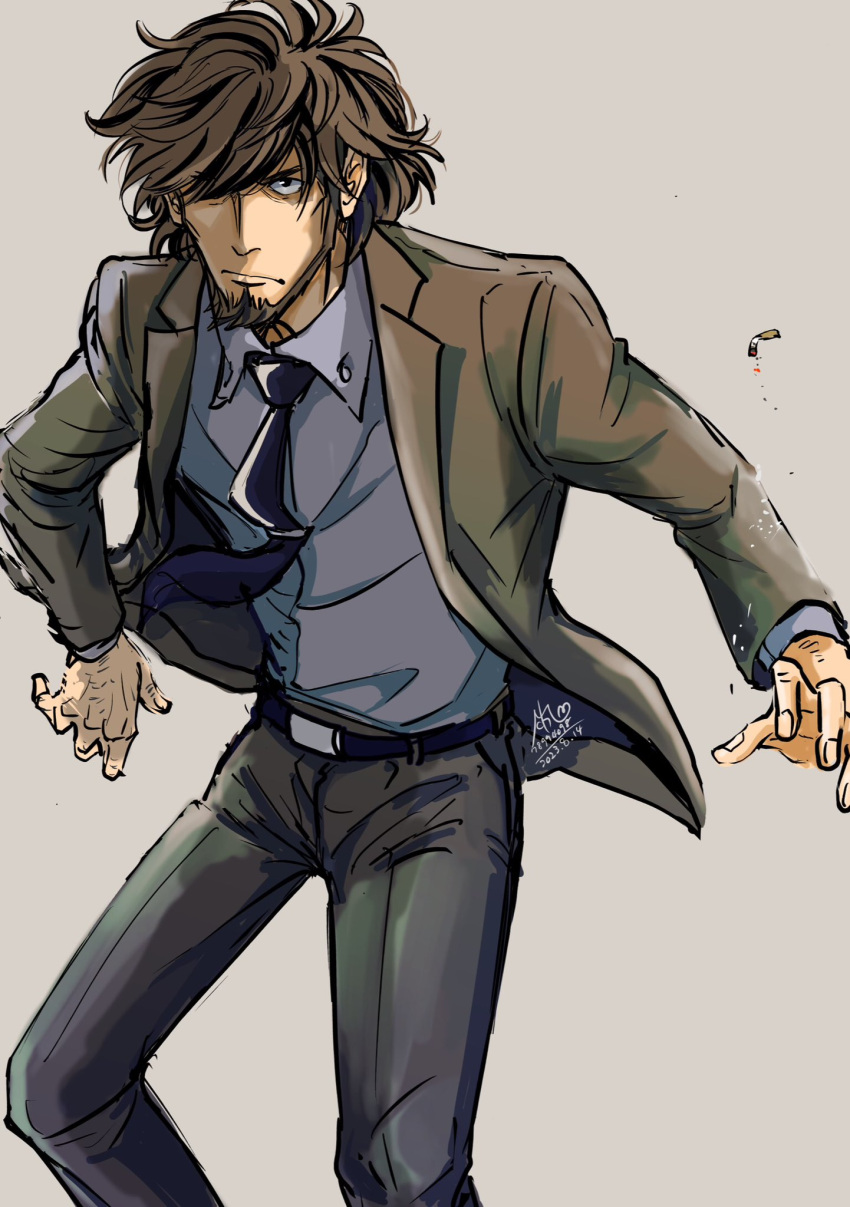 1boy arm_hair beard black_jacket black_necktie blue_skirt brown_hair cigarette closed_mouth collared_shirt dated embers facial_hair fighting_stance fingernails frown grey_background hair_over_one_eye hand_hair highres jacket jigen_daisuke knuckle_hair long_sleeves lupin_iii male_focus messy_hair michio_(hara78994098) necktie shirt short_hair signature skirt solo