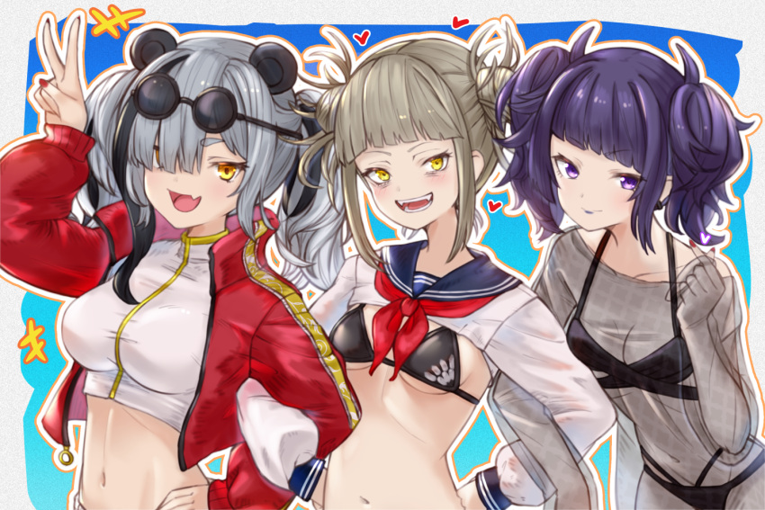 3girls :d animal_ears arknights bikini black_bikini black_bra black_hair boku_no_hero_academia bra commentary_request crop_top fang feater_(arknights) feater_(gourmet)_(arknights) grey_hair hand_up idolmaster idolmaster_shiny_colors jacket long_hair long_sleeves looking_at_viewer midriff multicolored_hair multiple_girls nail_polish nandesu navel official_alternate_costume open_clothes open_jacket open_mouth panda_ears purple_eyes purple_hair red_jacket red_nails sailor_collar sailor_shirt school_uniform see-through serafuku shirt skin_fang smile stomach streaked_hair swimsuit tanaka_mamimi toga_himiko twintails underwear v white_shirt yellow_eyes