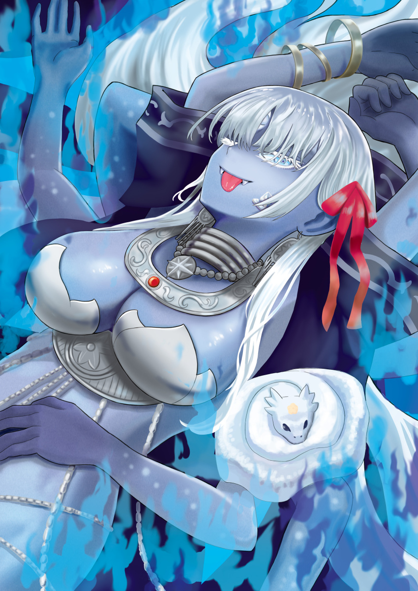 1girl absurdres armor arms_up bare_shoulders belly_chain bikini_armor blue_eyes blue_fire blue_skin bracelet breasts cleavage colored_skin earrings extra_arms fangs fate/grand_order fate_(series) fire g-pencile hair_ribbon highres jewelry kali_(fate) large_breasts long_hair looking_at_viewer lying neck_ring necklace on_back one_eye_closed revealing_clothes ribbon sash smile snake solo third_eye tongue tongue_out very_long_hair white_hair