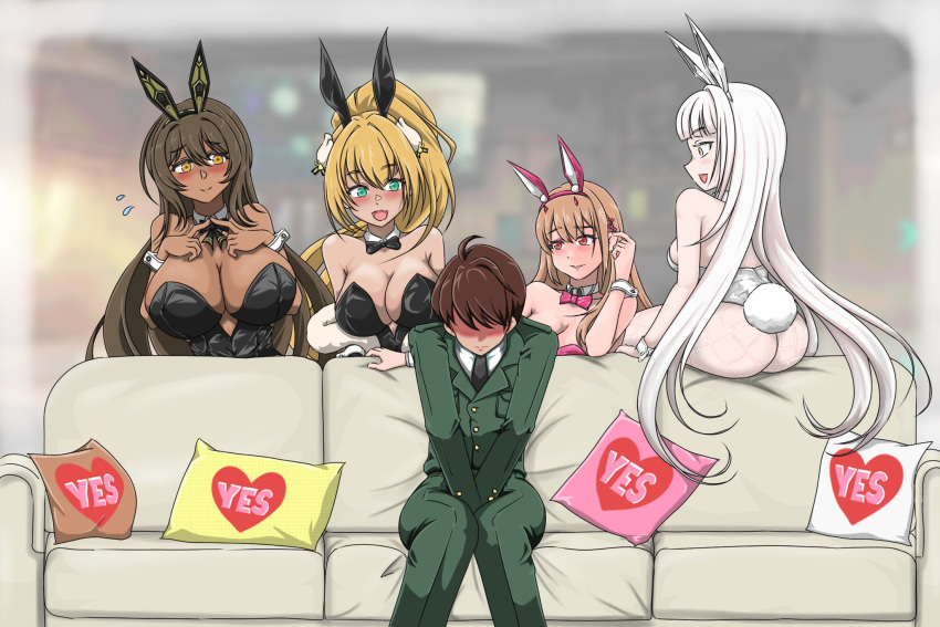 1boy 4girls :d animal_ears arm_support ascot ass bare_shoulders black_ascot black_bow black_bowtie black_gloves black_leotard black_pantyhose blanc_(nikke) blonde_hair blunt_bangs blush bow bowtie breasts brown_eyes brown_hair cleavage closed_mouth collarbone commander_(nikke) couch dark-skinned_female dark_skin detached_collar elbow_gloves facial_tattoo fake_animal_ears fake_tail fang fishnet_pantyhose fishnets gloves goddess_of_victory:_nikke green_eyes hair_between_eyes hand_on_own_chest hand_up heart highleg highleg_leotard highres horns large_breasts leotard long_hair medium_breasts multiple_girls nervous_smile noir_(nikke) official_alternate_costume open_mouth pantyhose pink_horns pink_leotard playboy_bunny ponytail rabbit_ears rabbit_tail red_eyes rupee_(nikke) rupee_(rabbit_deluxe)_(nikke) siblings sidelocks sisters sitting skin_fang smile strapless strapless_leotard tail tattoo very_long_hair viper_(nikke) viper_(toxic_rabbit)_(nikke) white_hair white_leotard white_nails white_pantyhose wrist_cuffs yellow_bow yellow_bowtie yellow_eyes yes-no_pillow zchronicle