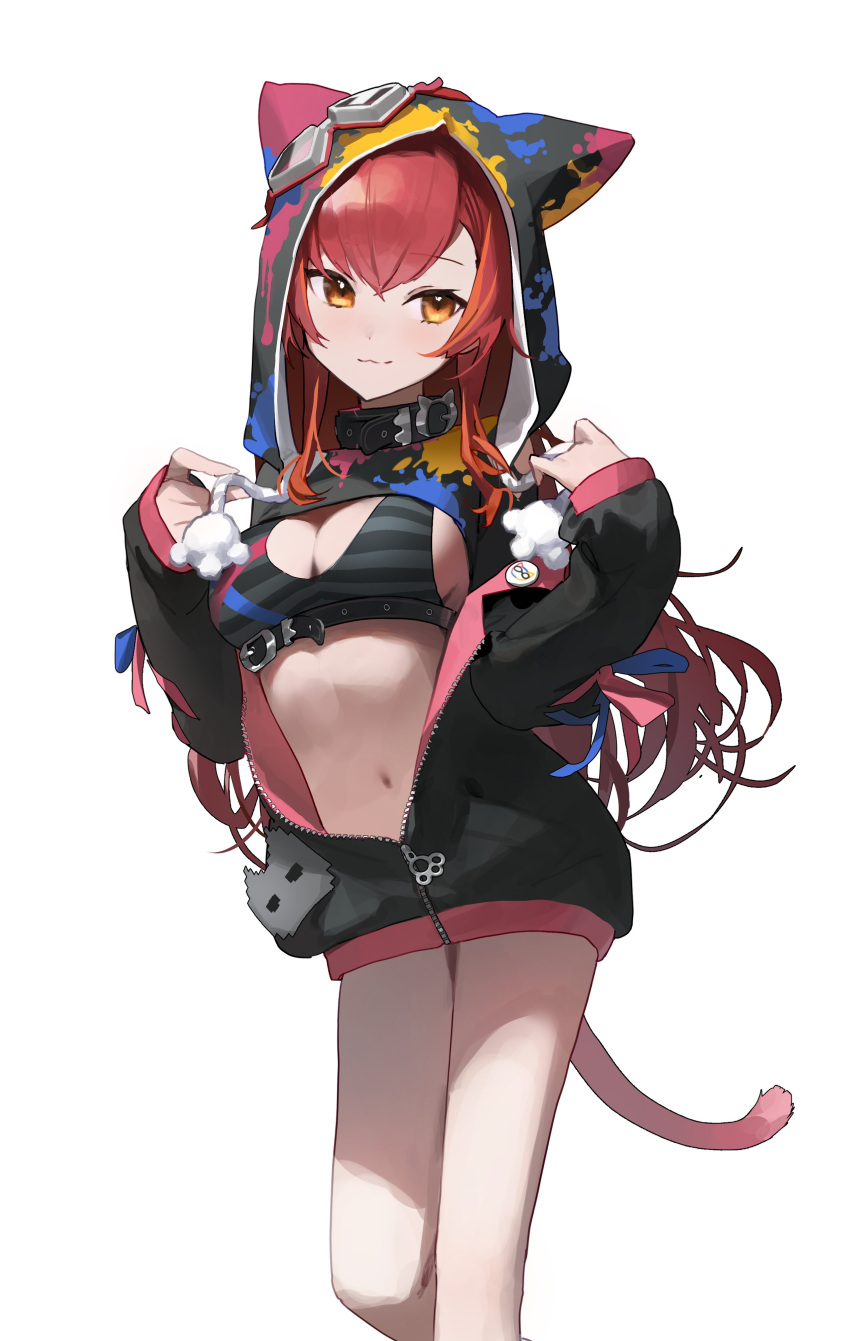 1girl :3 absurdres animal_ear_headwear belt_collar black_collar bra breasts cleavage closed_mouth collar goggles goggles_on_head highres hood hooded_jacket jacket logknn long_hair long_sleeves looking_at_viewer medium_breasts multicolored_hair nekota_tsuna no_pants orange_eyes partially_unzipped pink_tail red_hair shrug_(clothing) simple_background solo streaked_hair striped striped_bra underbust underwear virtual_youtuber vspo! white_background