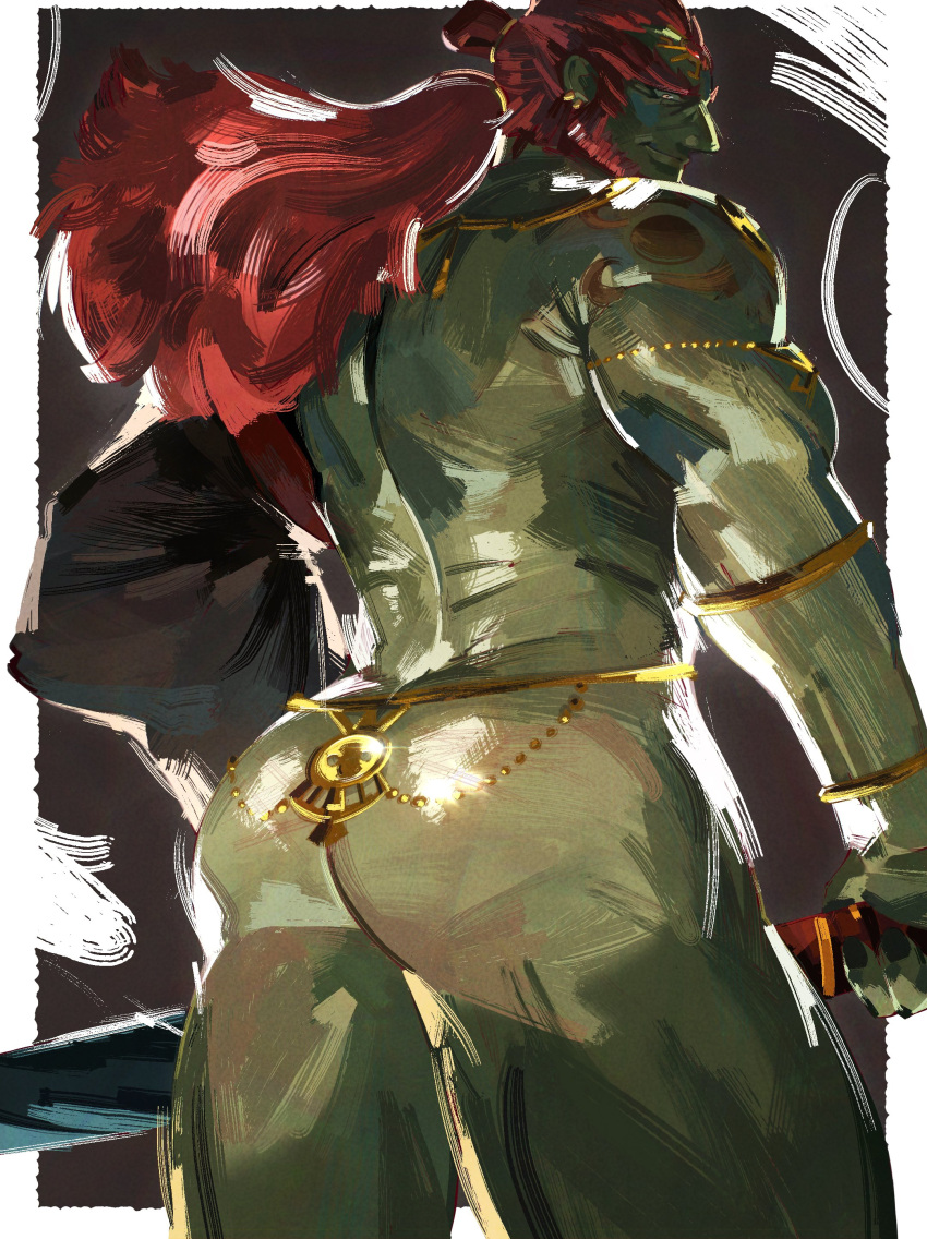 1boy absurdres armlet ass ass_focus bara barayot beard colored_skin facial_hair feet_out_of_frame from_behind frown ganondorf gold green_skin highres holding holding_sword holding_weapon huge_eyebrows long_hair looking_at_viewer looking_back male_focus mature_male muscular muscular_male nude official_alternate_costume orange_hair painterly shiny_skin solo sword tattoo the_legend_of_zelda the_legend_of_zelda:_tears_of_the_kingdom thick_eyebrows thick_thighs thighs triceps undressing weapon wrinkled_skin