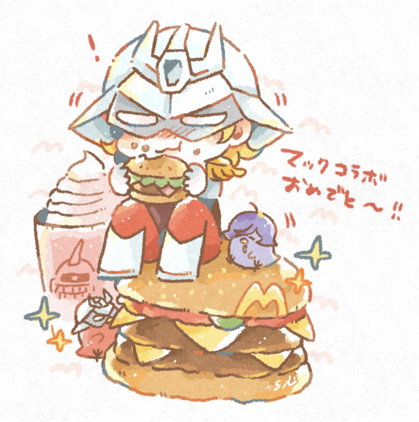 ! 1boy :3 animalization big_mac bird blonde_hair boots burger char_aznable chibi closed_mouth eating food food_on_face garma_zabi gloves gundam helmet highres male_focus mask mcdonald's mobile_suit_gundam pants paper_texture red_pants sd_gundam shiikura simple_background sitting sitting_on_food solo sparkle white_background white_footwear white_gloves