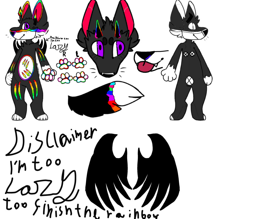 absurd_res anixerus_(probablynotani) anthro canid canine fan_character fur hi_res horn male mammal multicolored_body multicolored_fur purple_eyes rainbow_body rainbow_fur scar solo wings