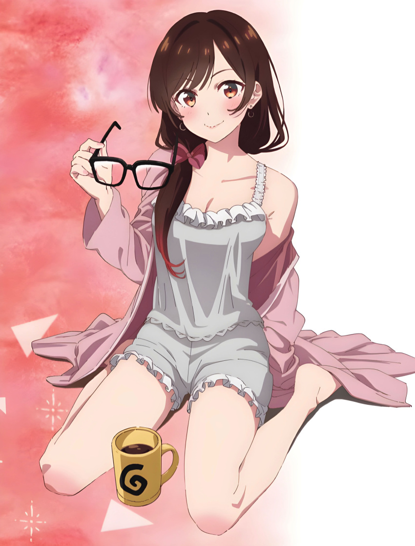 1girl absurdres bare_legs bare_shoulders black-framed_eyewear blush bow breasts brown_eyes brown_hair camisole cleavage closed_mouth coffee cup drink earrings eyewear_removed frilled_camisole frilled_shorts frills full_body glasses grey_camisole grey_shorts hair_bow hair_over_shoulder highres holding holding_eyewear jacket jacket_partially_removed jewelry kanojo_okarishimasu long_hair long_sleeves looking_at_viewer low-tied_long_hair medium_breasts mizuhara_chizuru mug multicolored_background official_art pink_background pink_bow pink_jacket shorts sitting sleepwear smile solo third-party_source triangle wariza white_background