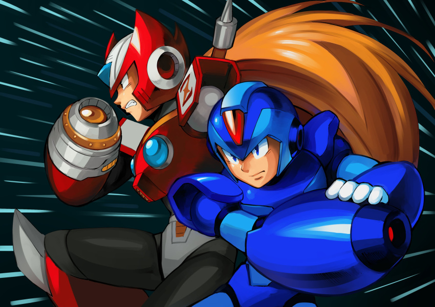 2boys absurdres arm_cannon blonde_hair blue_eyes drawloverlala english_commentary helmet highres long_hair male_focus mega_man_(series) mega_man_x3 mega_man_x_(character) mega_man_x_(series) multiple_boys weapon z_saber zero_(mega_man)