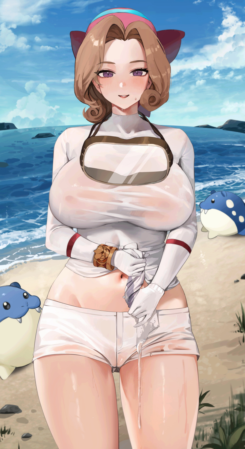 1girl absurdres bandana beach blush bracelet breasts brown_eyes brown_hair commission cowboy_shot curly_hair gloves goggles goggles_around_neck gompang_11 highres jewelry large_breasts looking_at_viewer navel palina_(pokemon) pants pokemon pokemon_(game) pokemon_legends:_arceus shirt short_hair short_shorts shorts sky solo_focus spheal thighs wet wet_clothes white_gloves white_pants white_shirt wringing_clothes