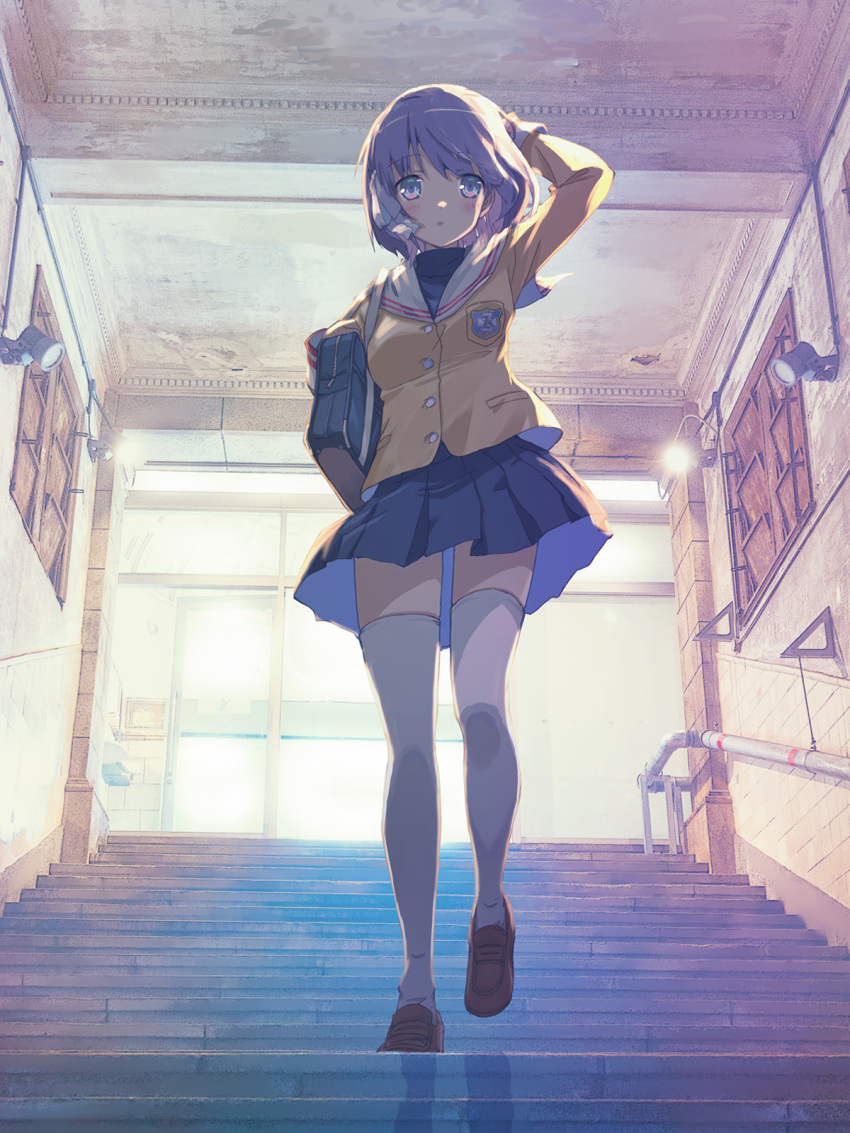 1girl akayama_yukihe arm_above_head arm_up backlighting bag blue_eyes blue_skirt blush bob_cut brown_footwear clannad commentary_request eyes_visible_through_hair fujibayashi_ryou full_body hair_between_eyes hair_ribbon highres hikarizaka_private_high_school_uniform holding holding_bag indoors jacket loafers long_sleeves looking_at_viewer miniskirt parted_lips photo_background pleated_skirt purple_hair ribbon sailor_collar school_bag school_uniform shoes short_hair skirt solo stairs standing thighhighs thighs white_ribbon white_sailor_collar white_thighhighs yellow_jacket zettai_ryouiki