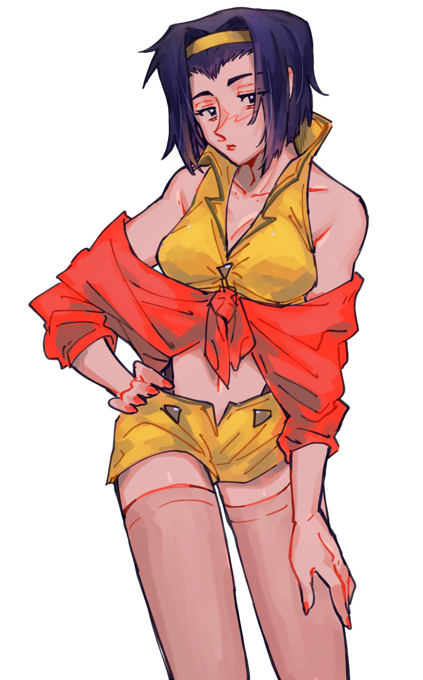 1girl breasts cowboy_bebop faye_valentine goomyloid hairband hand_on_own_hip highres lipstick makeup nail_polish navel purple_hair red_nails short_hair simple_background solo standing white_background yellow_hairband